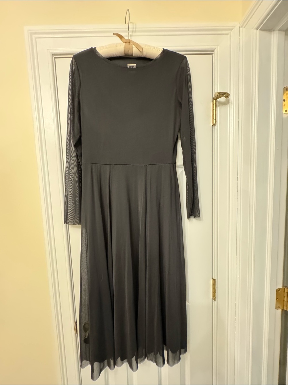 Anne Klein Black Long-Sleeve Mesh-Trim Midi Dress With Self-Tie